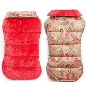 YOULY Red Floral Reversible Minky Cozy Puffer Dog Jacket Pet Coat L/XL NEW